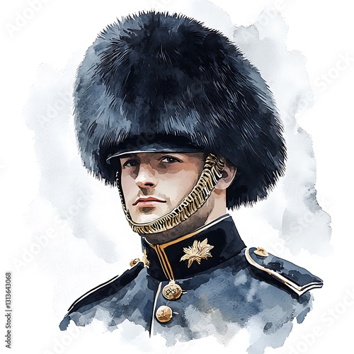 A Striking Watercolor Portrait of a Guardsman in Full Uniform. The image showcases intricate details of his bearskin hat and military attire.