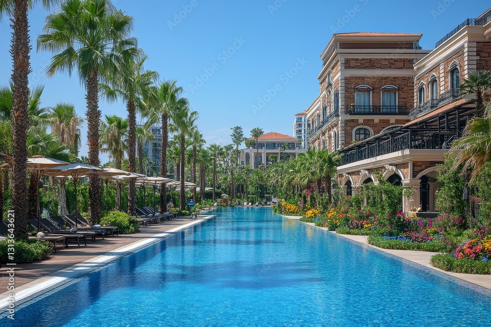 Fototapeta premium Luxurious outdoor swimming pool at KÄ±pal Kelis hotel in Antalya, surrounded by gardens with palm trees, vibrant flowers, and warm golden sunlight.