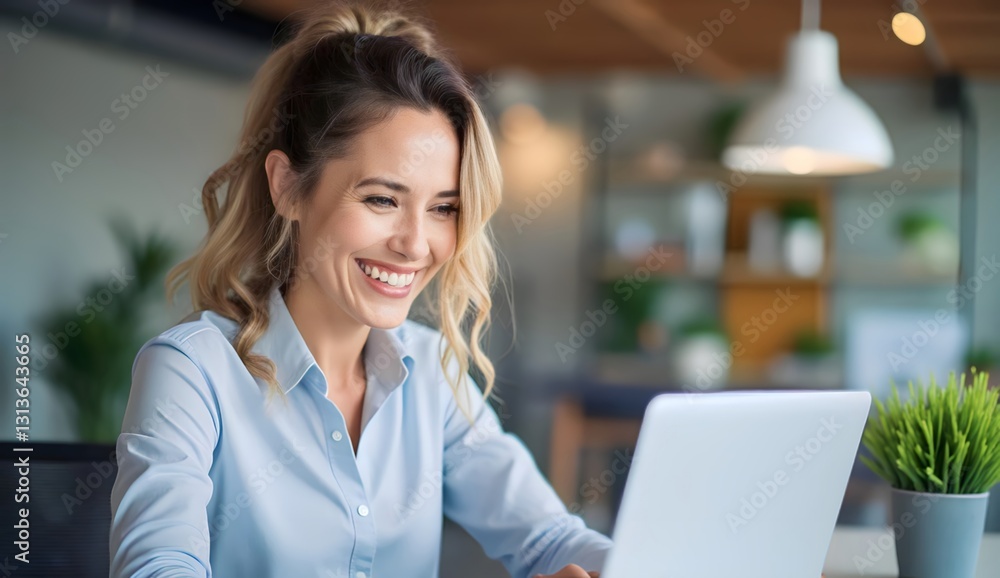 Confident businesswoman looking cheerful while typing on a laptop in a modern workspace Confident businesswoman looking cheerful while typing on a laptop in a modern workspace