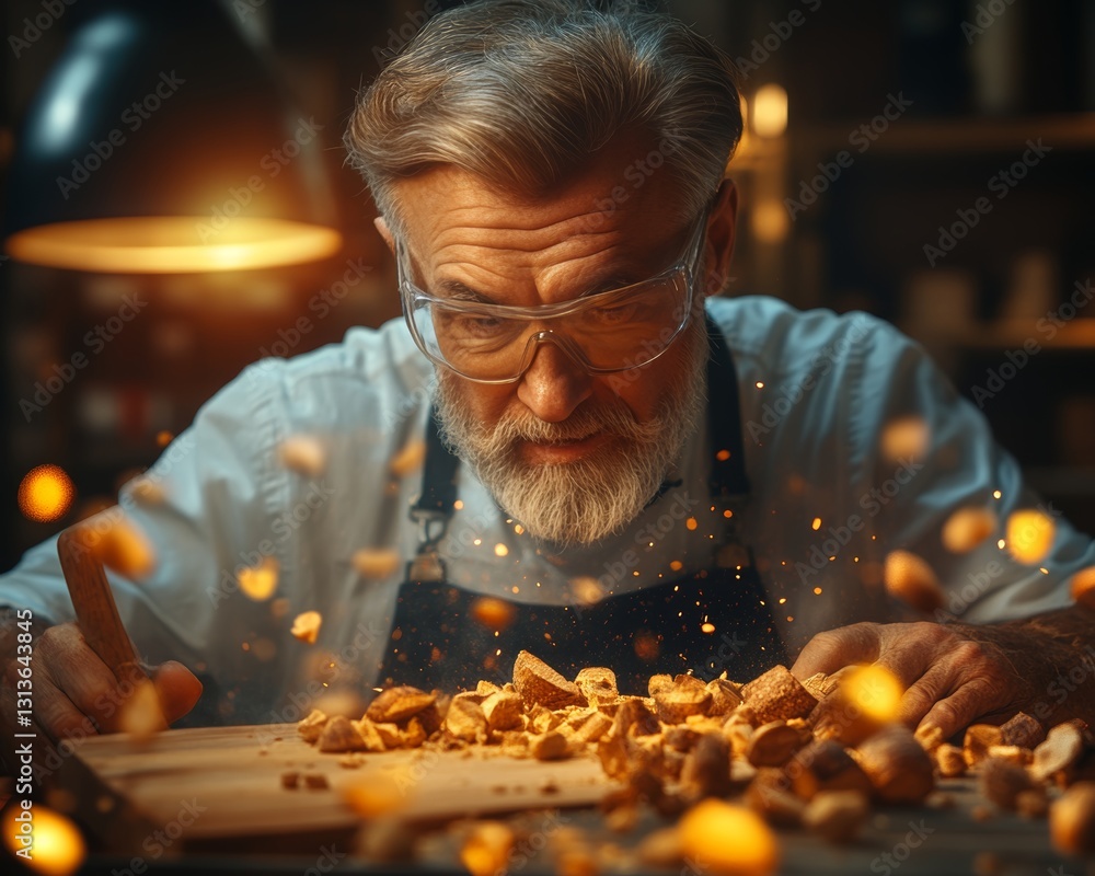 Experienced Artisan Working on Woodworking, Craftsmanship Concept Filled with Woodchips, Experienced Artisan Working on Woodworking, Craftsmanship Concept Filled with Woodchips,