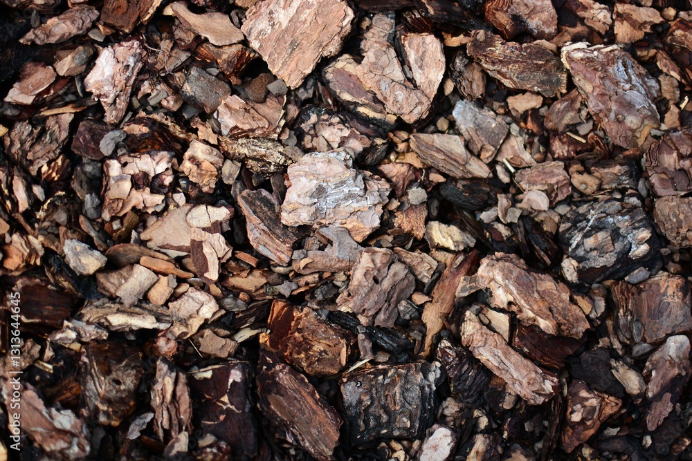 Various tree bark chips textured background. Small pieces of wood bark closeup. Various tree bark chips textured background. Small pieces of wood bark closeup.