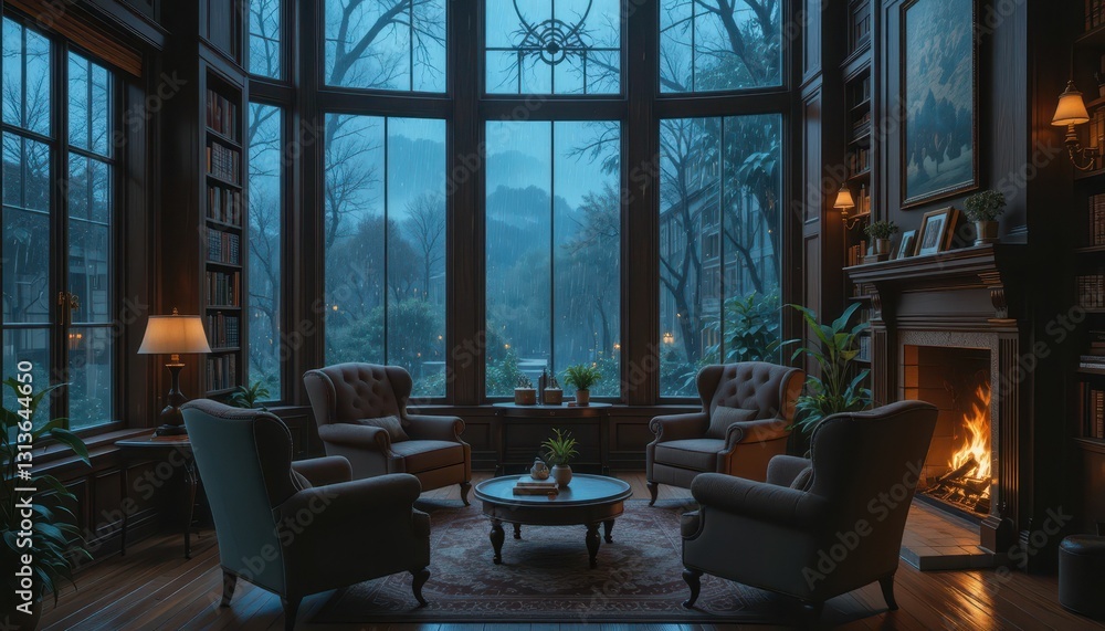 Cozy Evening Living Room with Large Windows and Fireplace Glow Cozy Evening Living Room with Large Windows and Fireplace Glow