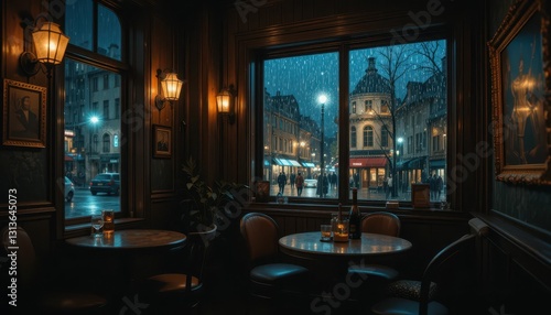Cozy Caf   Scene with Raindrops and City View at Night