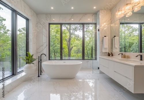 Modern minimalist bathroom with a freestanding bathtub and large windows offering a view of green trees and nature in a bright  airy setting