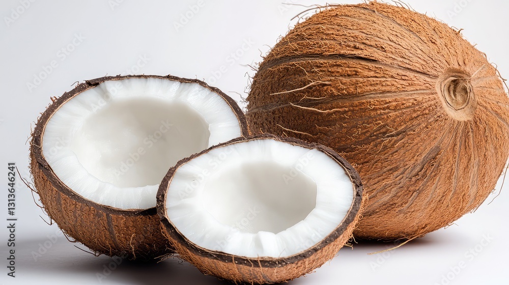 Coconut still life with one whole coconut and a halved coconut, placed on a white background for a tropical food theme. Coconut still life with one whole coconut and a halved coconut, placed on a white background for a tropical food theme.