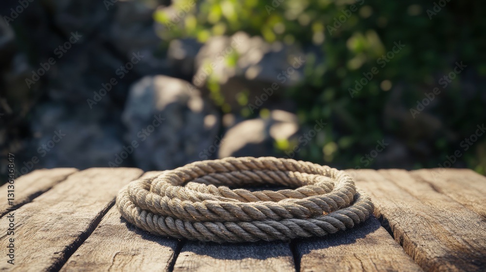 Fototapeta premium Coiled Natural Rope on Wooden Surface Surrounded by Greenery and Rocks in Bright Outdoor Setting Ideal for Crafts and Outdoor Activities