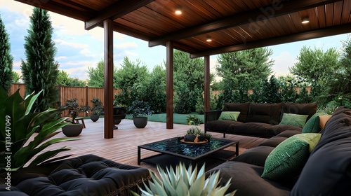A modern patio setting with comfortable seating and surrounding greenery