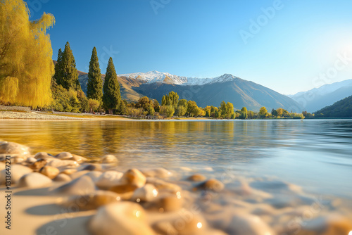 Scenic view of a peaceful lake surrounded by majestic peaks and vibrant trees.  