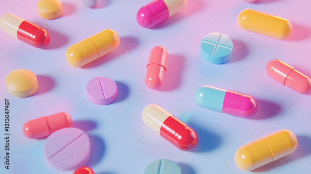 Colorful pharmaceutical capsules and pills scattered on soft gradient background in playful arrangement enhancing health and wellness concepts Colorful pharmaceutical capsules and pills scattered on soft gradient background in playful arrangement enhancing health and wellness concepts