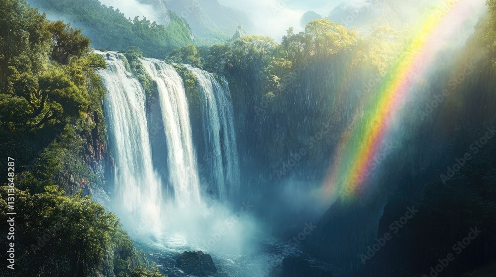 Majestic Waterfall Surrounded by Lush Greenery and Rainbow in Misty Mountain Landscape Majestic Waterfall Surrounded by Lush Greenery and Rainbow in Misty Mountain Landscape