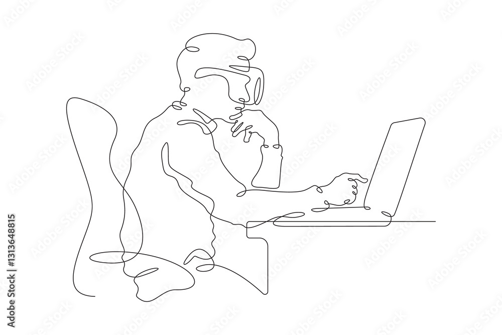 Continuous one line drawing man at the laptop. Man in virtual reality glasses. VR helmet. Continuous one line drawing man at the laptop. Man in virtual reality glasses. VR helmet.