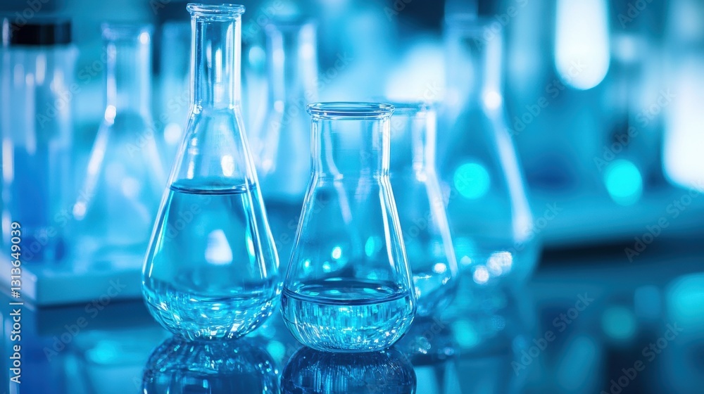 Laboratory glassware filled with clear liquids on a reflective surface creating an illuminated setting for scientific research and experimentation Laboratory glassware filled with clear liquids on a reflective surface creating an illuminated setting for scientific research and experimentation