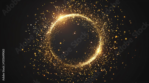 Circle of light gold glitter shine sparkles and golden spark particles in a frame on a black background. Evokes Christmas magic with glowing stars, firework confetti, and shimmering glittery rings.