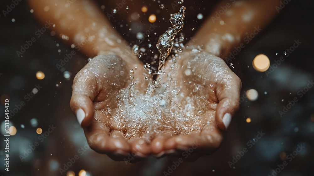Fototapeta premium Water pouring gracefully into two cupped hands creating splashes