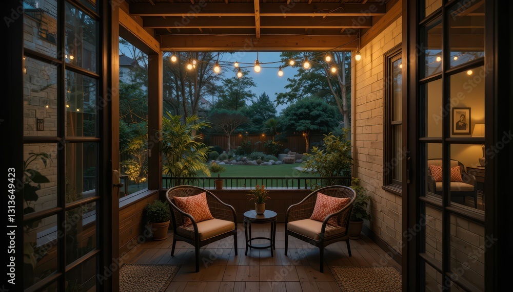 Cozy Evening Porch with String Lights and Serene Garden View Cozy Evening Porch with String Lights and Serene Garden View
