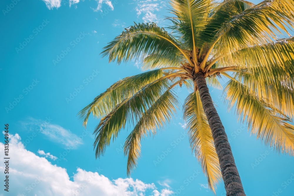 Tropical coconut palm tree silhouette under a bright blue sky perfect for beach vacation themes and travel inspiration Tropical coconut palm tree silhouette under a bright blue sky perfect for beach vacation themes and travel inspiration