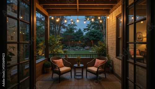 Cozy Evening Porch with String Lights and Serene Garden View