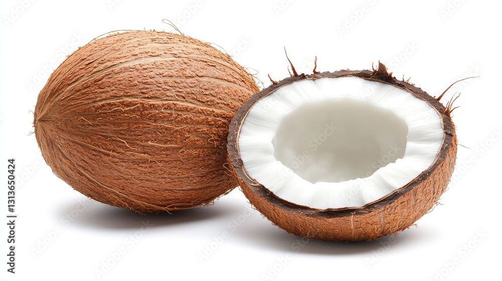 Whole coconut with a halved coconut resting beside it, emphasizing tropical fruit texture and beauty on a white background. Whole coconut with a halved coconut resting beside it, emphasizing tropical fruit texture and beauty on a white background.