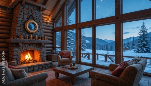 Cozy Cabin Interior with Fireplace in Snowy Mountain Landscape