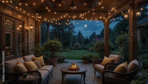 Cozy Evening Patio with String Lights and Fire Pit in Garden