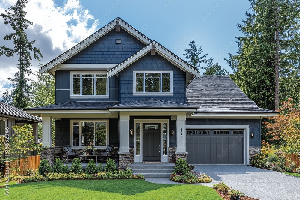 Gray Craftsman-Style Home with White Trim, Surrounded by Trees and Lush Green Grass in the Pacific Northwest Gray Craftsman-Style Home with White Trim, Surrounded by Trees and Lush Green Grass in the Pacific Northwest