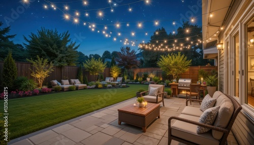 Cozy Backyard Oasis with Outdoor Seating and String Lights at Dusk