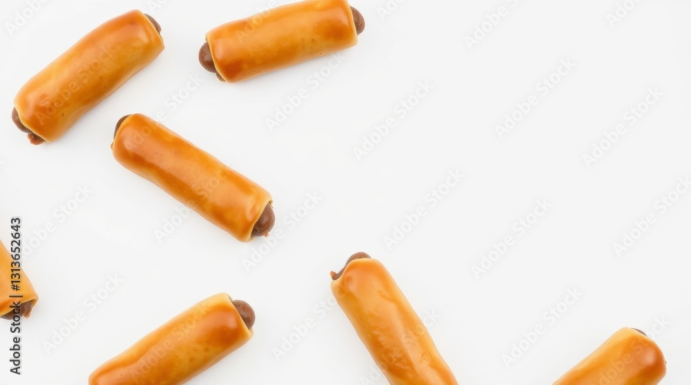 Appetizing golden brown sausage rolls isolated on a clean white surface Appetizing golden brown sausage rolls isolated on a clean white surface