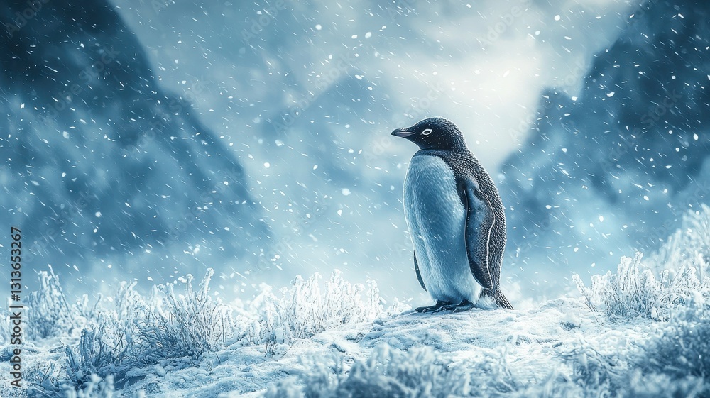 Fototapeta premium World penguin day with wildlife photography idea. Penguin standing in a snowy landscape with mountains in background.