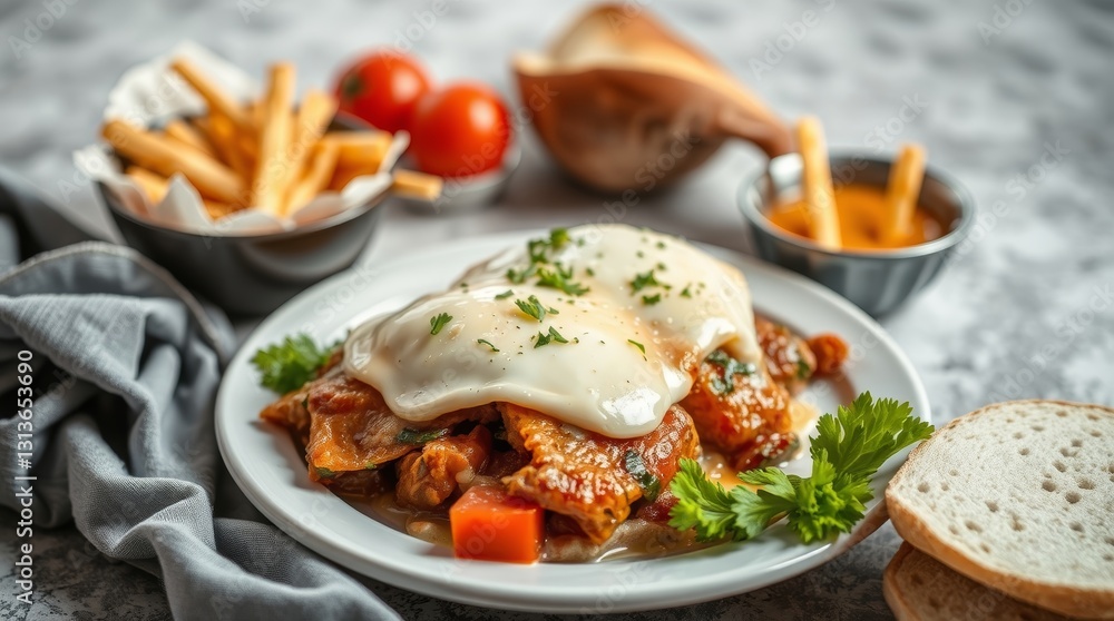 Artisanal brunch composition featuring eggs benedict variation, fresh vegetables and sauces Artisanal brunch composition featuring eggs benedict variation, fresh vegetables and sauces