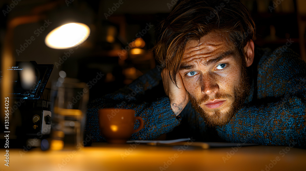 A contemplative man appears tired while working late at night A contemplative man appears tired while working late at night