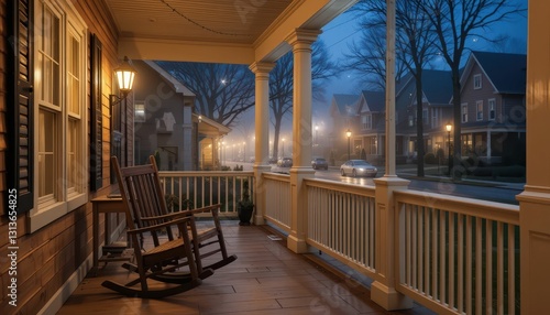 Serene Foggy Evening on a Cozy Front Porch with Rocking Chair