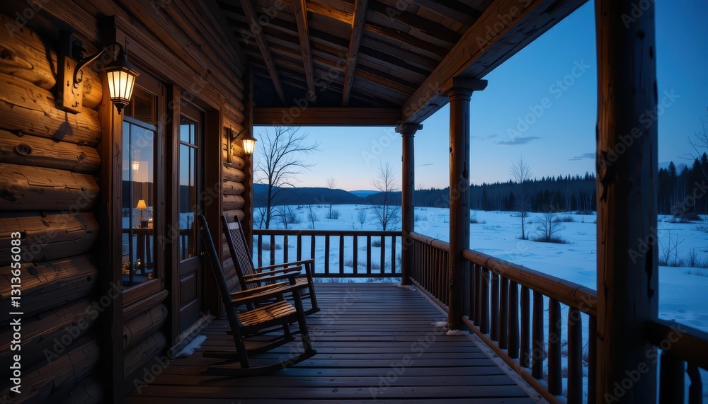 Cozy Log Cabin Porch at Dusk with Snowy Landscape View Cozy Log Cabin Porch at Dusk with Snowy Landscape View