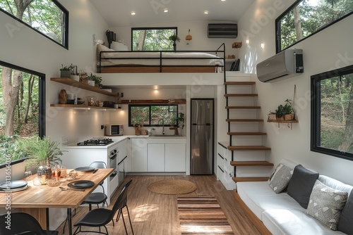 Modern Tiny Home Interior with Loft Bedroom  Minimalist Kitchen  and Natural Light