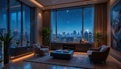 Cozy Modern Living Room with Night City View and Starry Sky