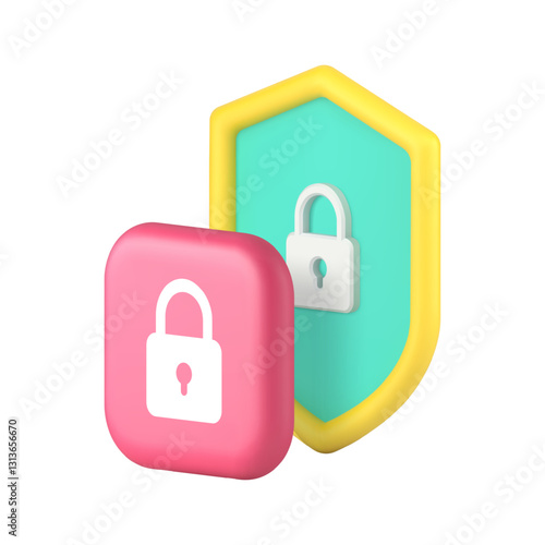 Shield with lock data protection privacy security safety identification 3d icon realistic vector illustration. Assurance private protect secure guarantee authentication access verification