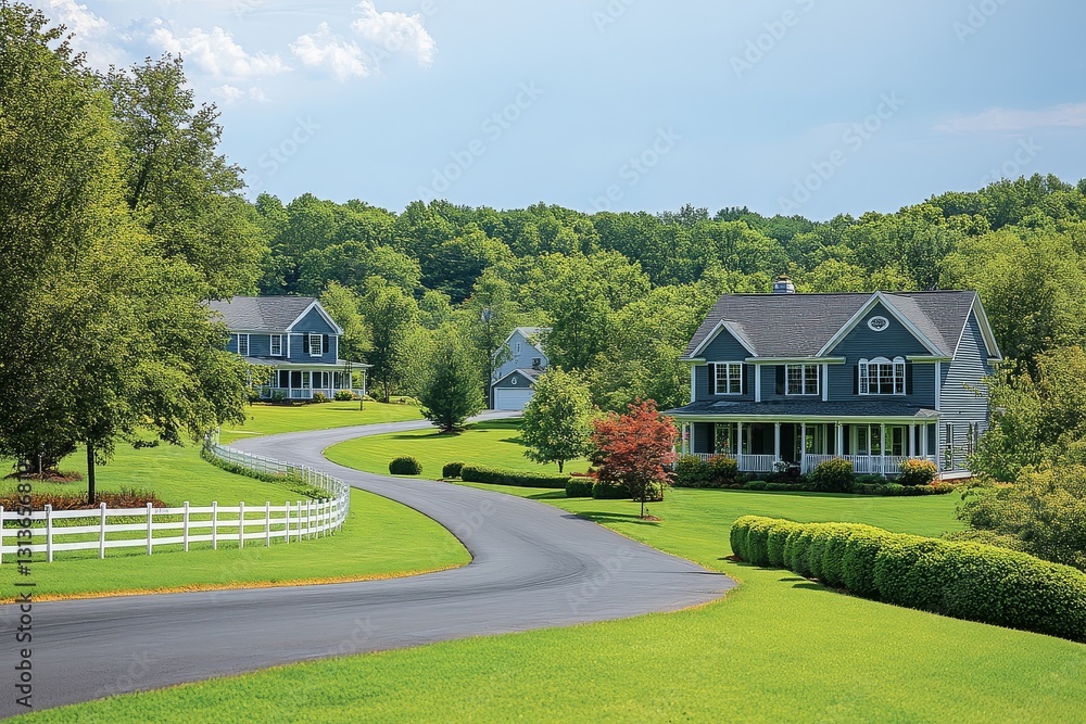 Picturesque Suburban Neighborhood in New England with Gray Homes, White Fences, and Rolling Hills Picturesque Suburban Neighborhood in New England with Gray Homes, White Fences, and Rolling Hills