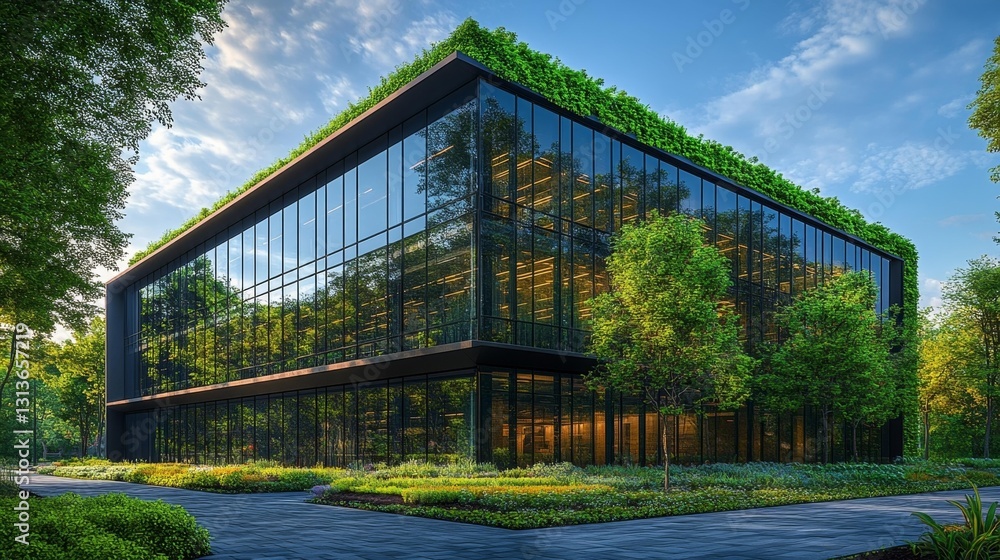 Obraz premium Sustainable Modern Office Building Surrounded by Lush Greenery. Generative AI