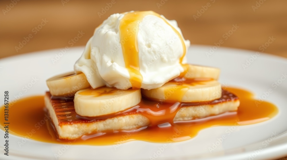 Decadent Bananas Foster Stack with Ice Cream and Caramel Drizzle on White Plate Decadent Bananas Foster Stack with Ice Cream and Caramel Drizzle on White Plate