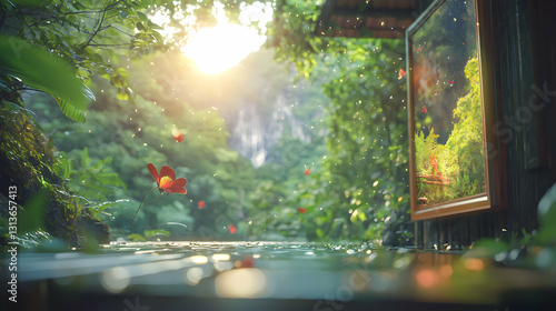 A lush and vibrant scene filled with bright sunshine and flowers