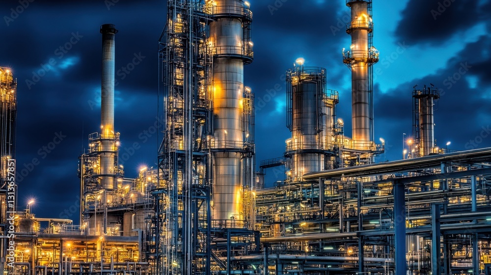 A high-tech factory with metallic structures under dark blue illumination. A high-tech factory with metallic structures under dark blue illumination.
