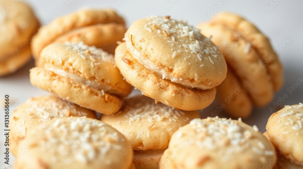 Delicate pile of golden coconut macaroons showcasing their chewy texture Delicate pile of golden coconut macaroons showcasing their chewy texture