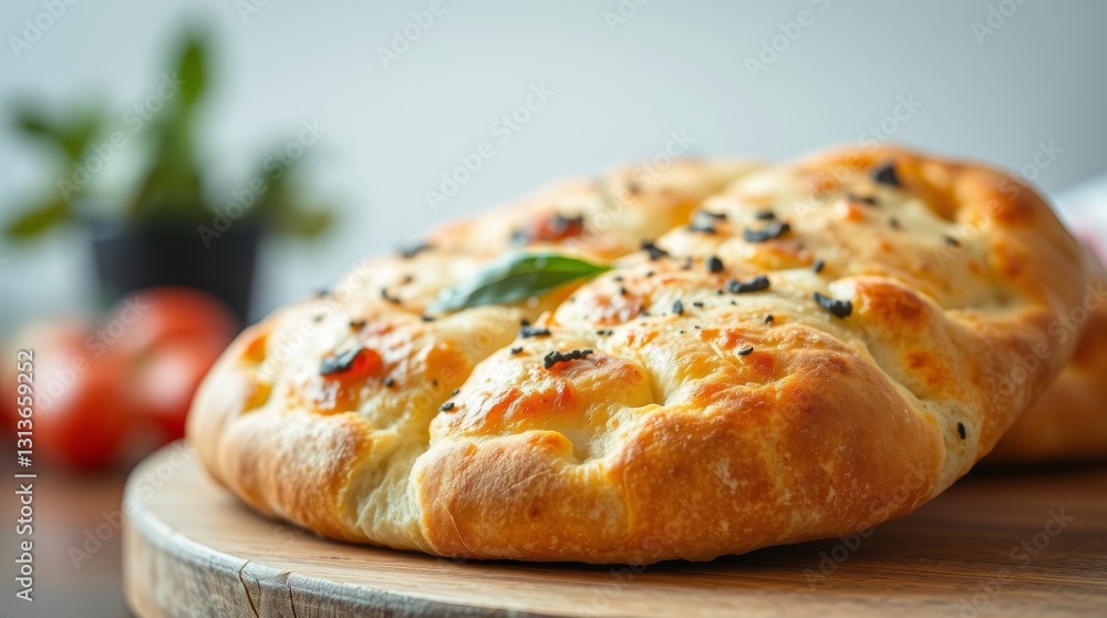 Delicious artisan pizza bread with golden crust presented on wooden board Delicious artisan pizza bread with golden crust presented on wooden board