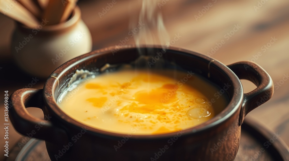 Delicious bubbling cheese fondue served in a rustic ceramic pot creating a warm inviting atmosphere Delicious bubbling cheese fondue served in a rustic ceramic pot creating a warm inviting atmosphere