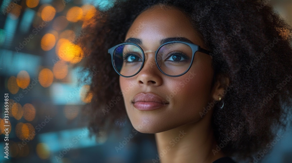 A woman with glasses analyzing data on a high-tech screen in an office focused on her work. Generative AI A woman with glasses analyzing data on a high-tech screen in an office focused on her work. Generative AI