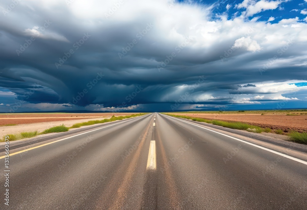 Panoramic view of asphalt road stretching towards a cloudy horizon, road, background Panoramic view of asphalt road stretching towards a cloudy horizon, road, background
