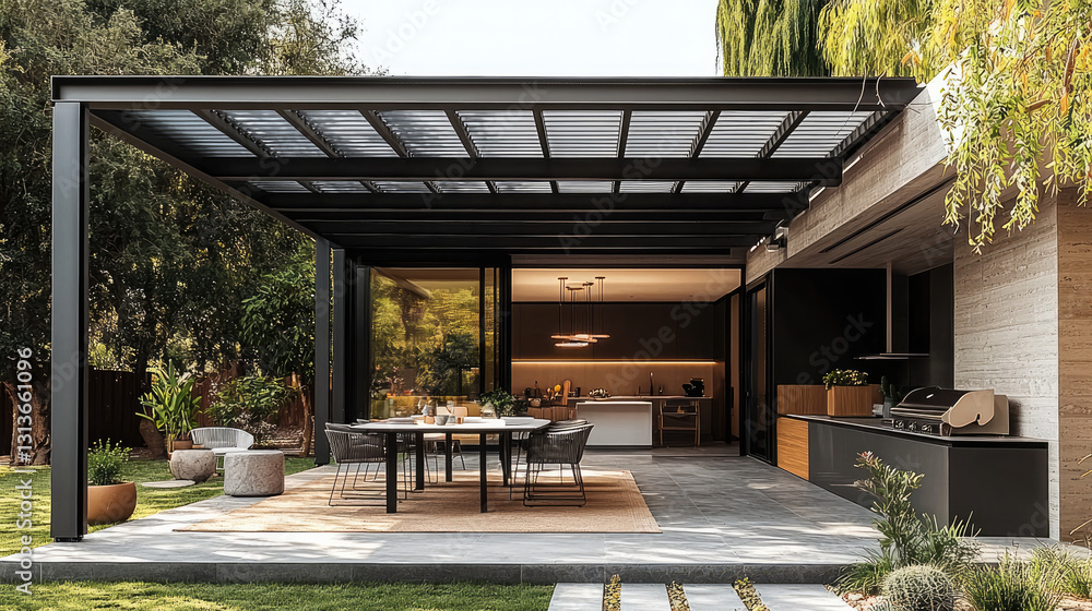 Fototapeta premium Modern outdoor kitchen with dining area and sleek design