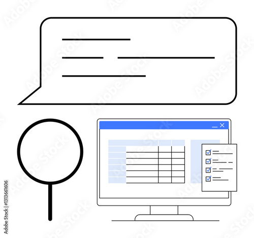 Computer screen displaying data table, checklist, speech bubble, and magnifying glass. Ideal for data analysis, organization, workflow, project management innovation evaluation productivity. Flat