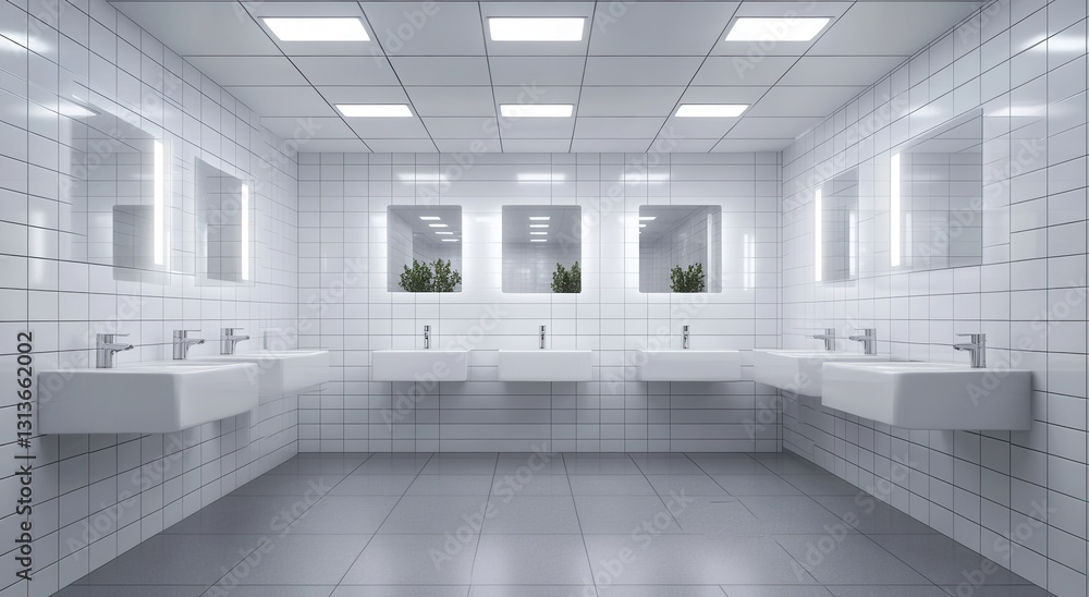 Fototapeta premium Modern restroom interior featuring clean white tiles, bright lighting, and sleek sinks designed for a contemporary public washroom experience