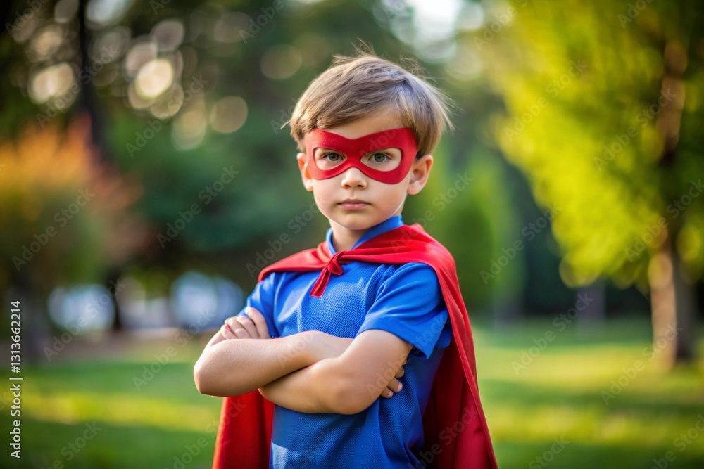 Naklejka premium A little boy in a superhero costume outdoors on the street. A child with superpowers. Hero. Costume party.