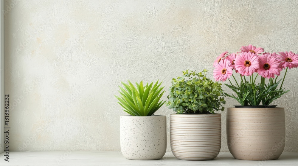 Potted plants with pink flowers on a textured background. Potted plants with pink flowers on a textured background.